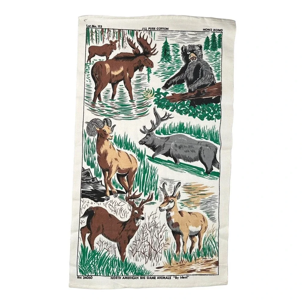 Vtg IDEAL Dish Tea Towel N American Big Game Animals Bear‎ Moose Deer Tapestry